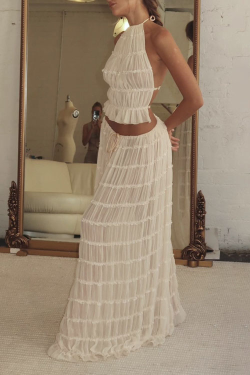 Kathiadress Backless Lace Up Hanging Neck Top Set Wooden Ear Chiffon Pleated Long Skirt Two-piece Set
