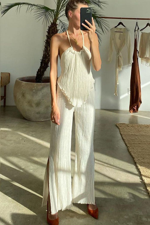 Kathiadress Spicy Girl Halter Neck Top Pleated Slim Fit Chic Two-piece Set