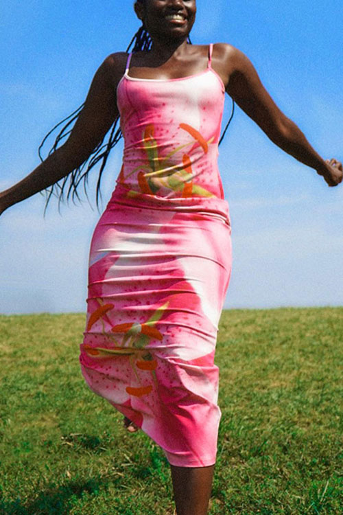 Kathiadress Floral Printed Halter Split Slim Long Dress