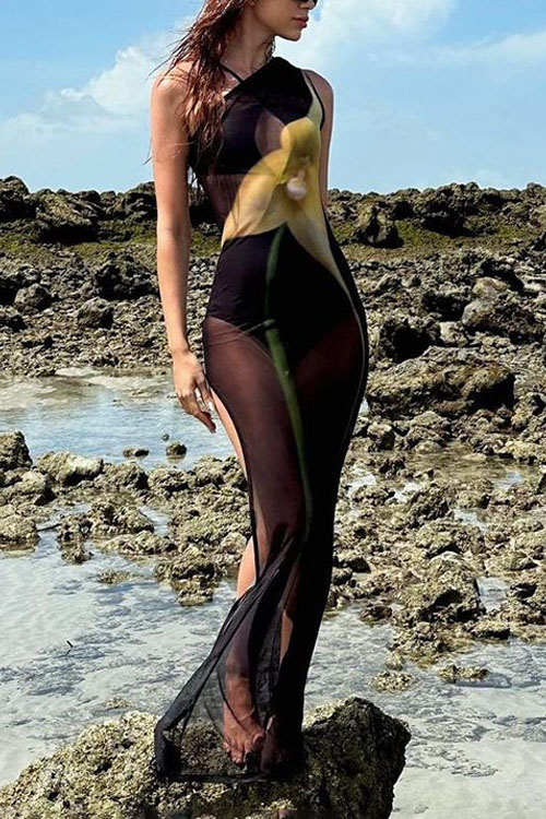 Kathiadress Mesh Printed Sheer One Shoulder Sleeveless Slit Dress