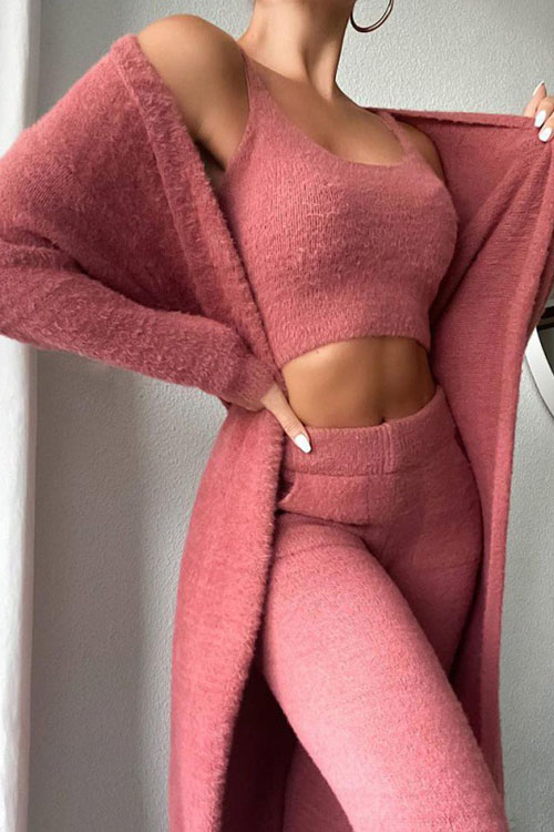 Kathiadress V-neck Plush Short Vest Long Pants Three-piece Set