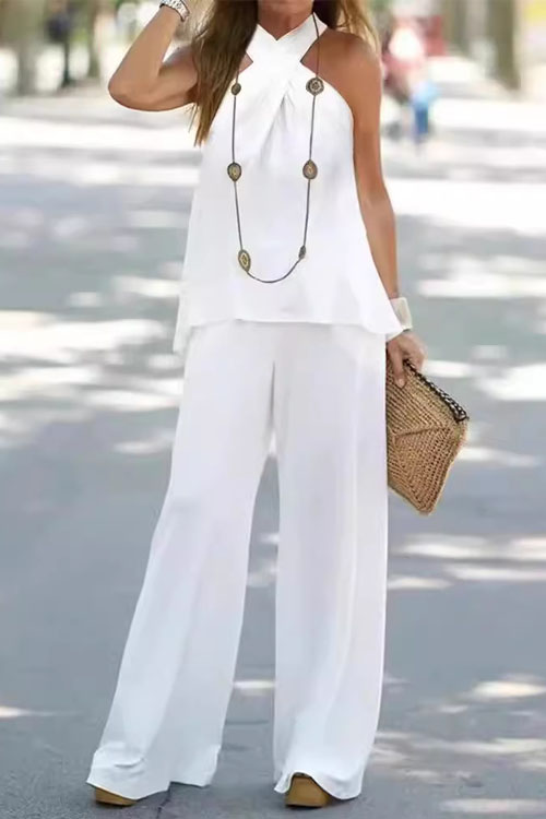Kathiadress Casual Halter Solid Color Sleeveless Suit Long Pants Two-piece Set