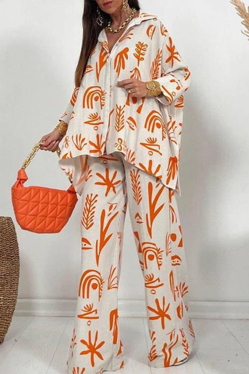 Straight Leg Printed Pants Loose Button-up Shirt Two-Piece Set