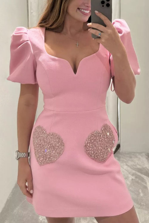 Kathiadress Pink Bubble Sleeve Sequin Dress