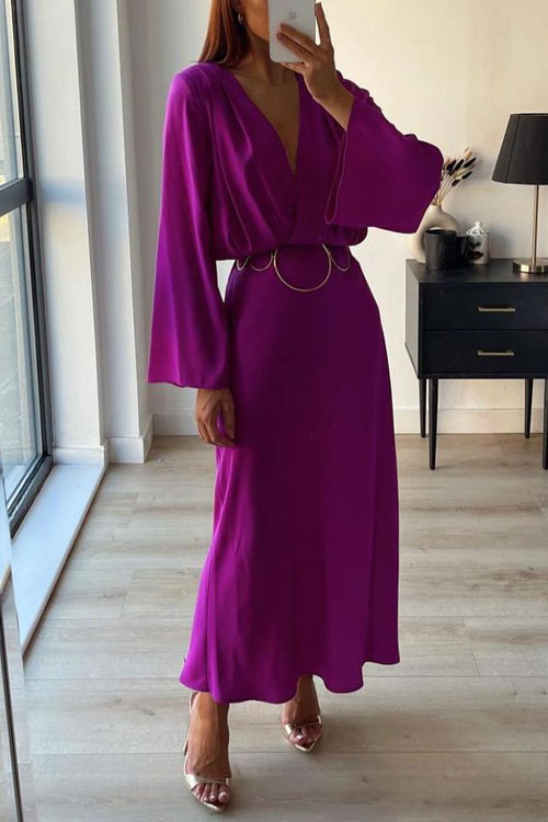 Kathiadress Vintage Cinched Waist V-neck Maxi Dress