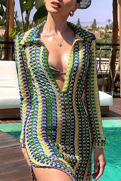 Kathiadress Handmade Crochet Hollow Out Beach V-neck Split Dress