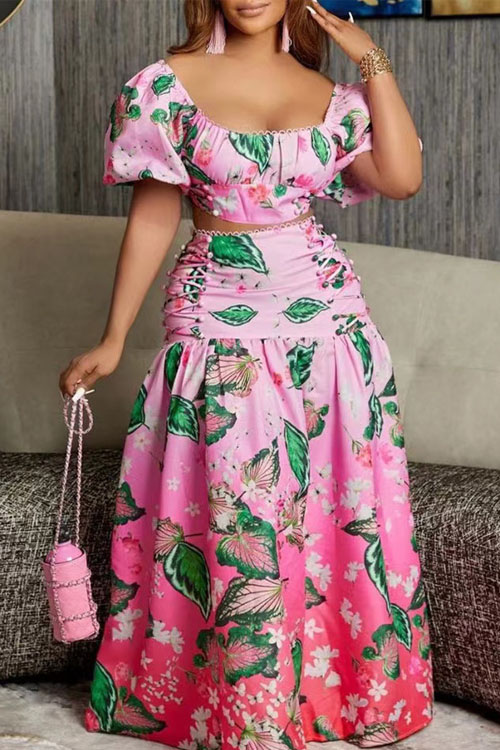 Kathiadress Casual Leaf Gradient Print Two-piece Set