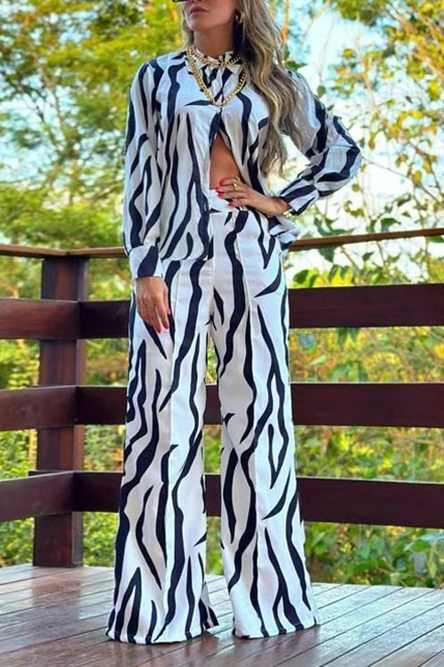 Kathiadress Printed Shirt & Wide Leg Pants Casual Two-piece Set