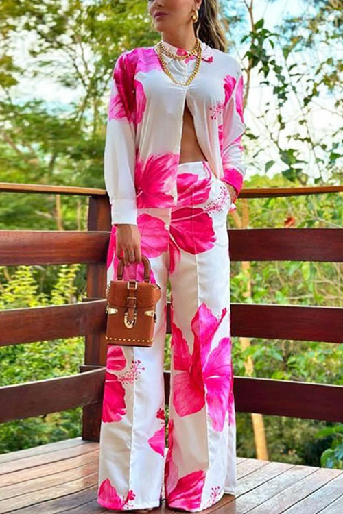 Kathiadress Printed Shirt & Wide Leg Pants Casual Two-piece Set