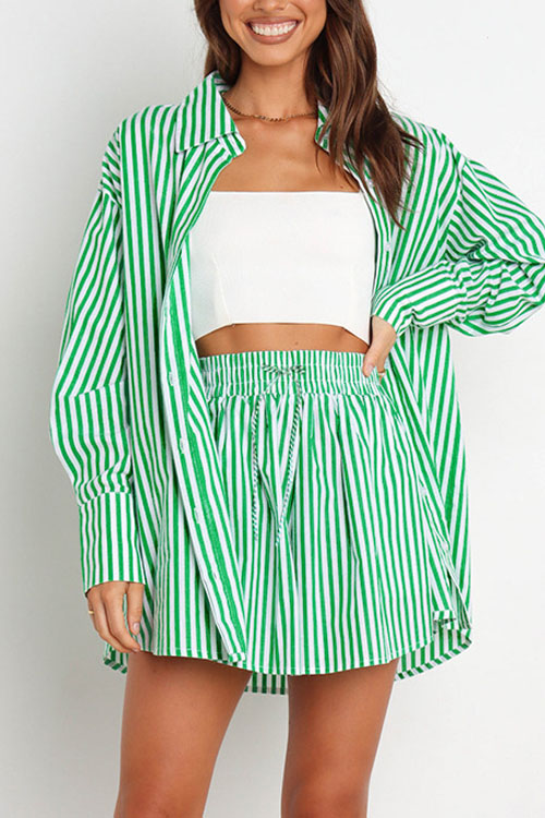 Kathiadress Stylish Striped Women's Shirt Shorts Two-piece Set