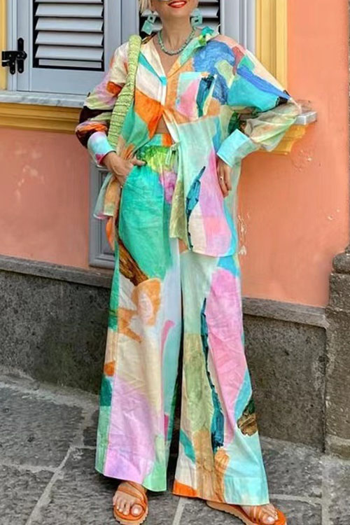 Kathiadress Casual Printed Shirt Neck Loose Two-piece Set