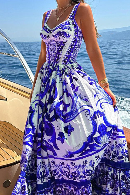 Kathiadress Fashion Swing Midi Printed Halter Dress