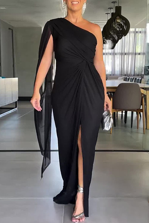 Kathiadress Solid Colour Fashion Plunging Sleeve Split Dress