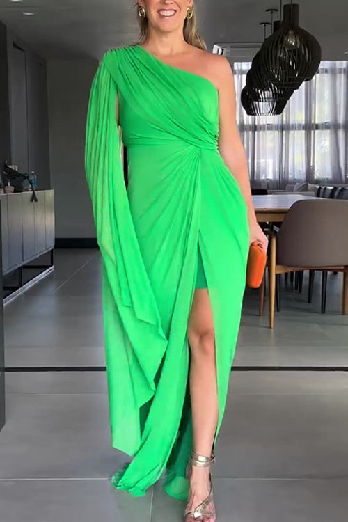 Kathiadress Solid Colour Fashion Plunging Sleeve Split Dress
