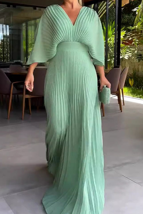 Kathiadress Solid Colour V-Neck Bat Sleeve High Waist Dress