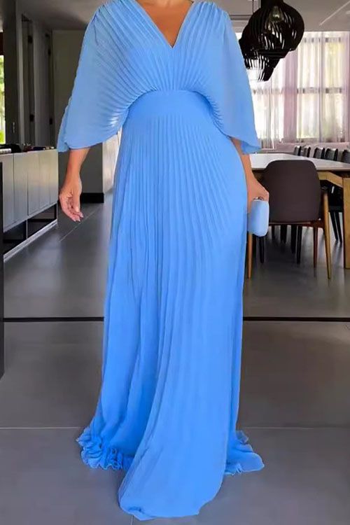 Kathiadress Solid Colour V-Neck Bat Sleeve High Waist Dress