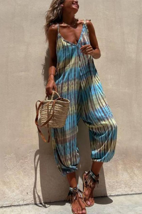 Kathiadress V-neck Floral Print Loose-fitting Tie-waist Jumpsuit