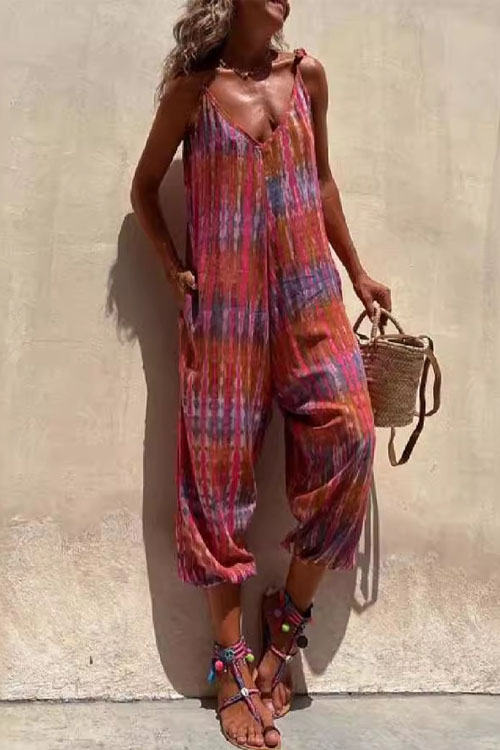 Kathiadress V-neck Floral Print Loose-fitting Tie-waist Jumpsuit