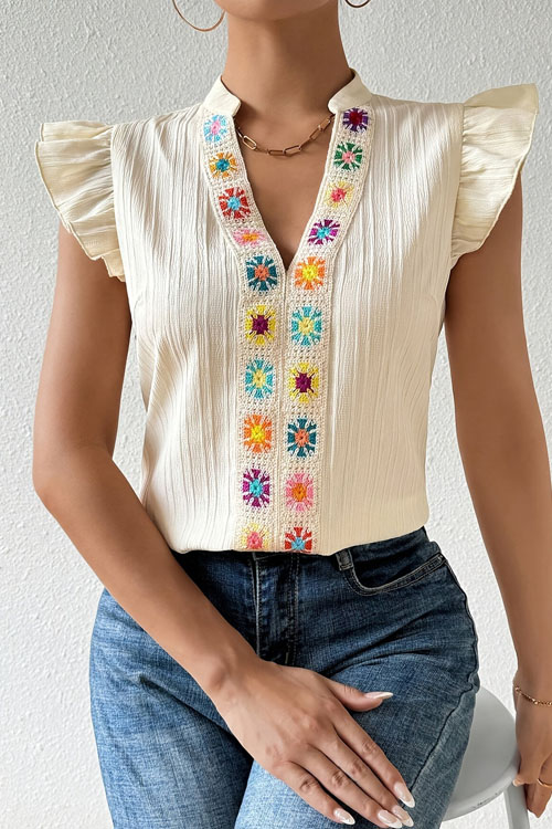 Kathiadress Floral Handmade Crochet V-Neck Covered Sleeve Shirt