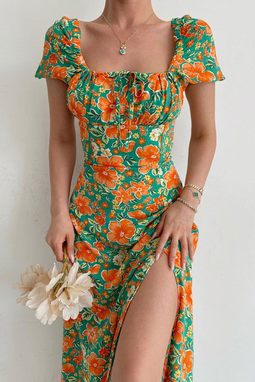 Kathiadress Resort Square Neck Bubble Sleeve French Split Dress
