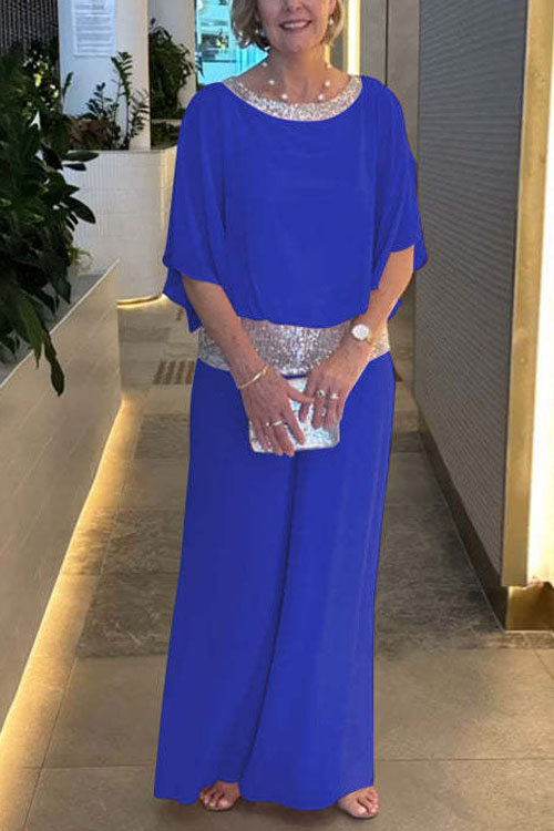Kathiadress Round Neck Sequin Patchwork Batwing Top & Wide-leg Pants Set