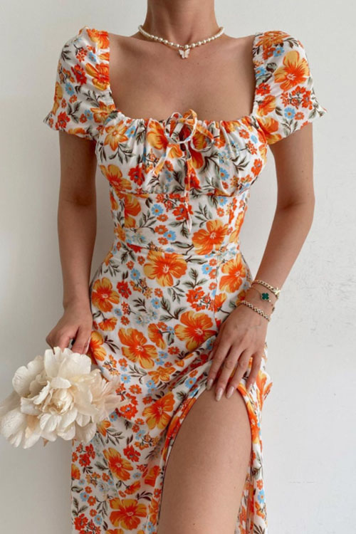 Kathiadress Resort Square Neck Bubble Sleeve French Split Dress
