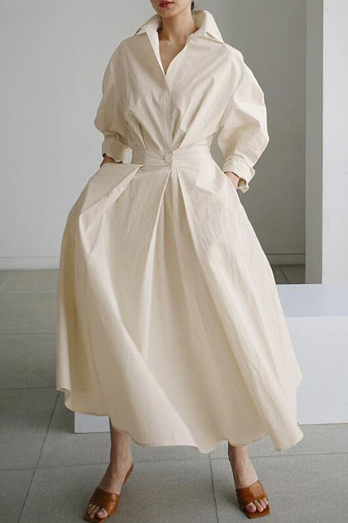 Kathiadress Cotton & Linen Polo Collar Elastic Waist Dress