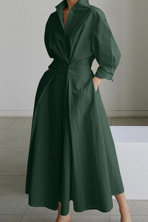Kathiadress Cotton & Linen Polo Collar Elastic Waist Dress