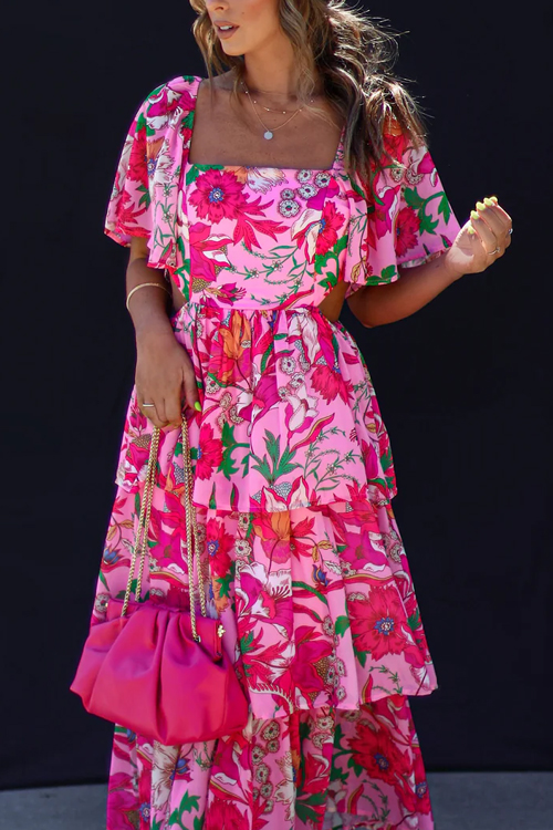 Kathiadress Floral Ruffle Multi Layers Flowing Long Dress
