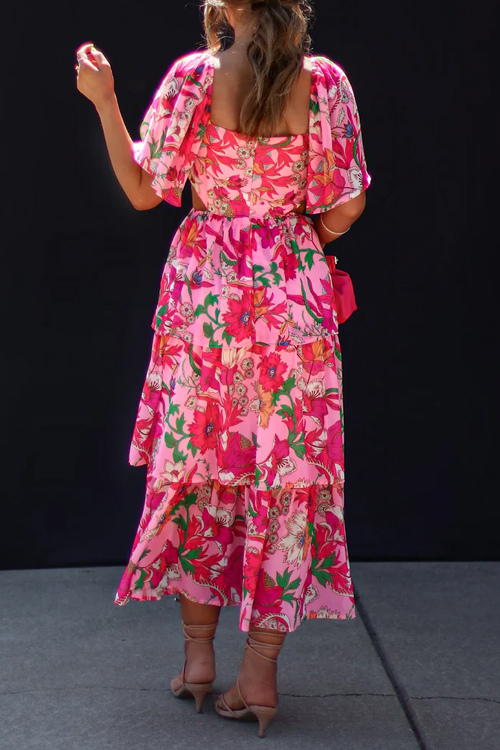 Kathiadress Floral Ruffle Multi Layers Flowing Long Dress