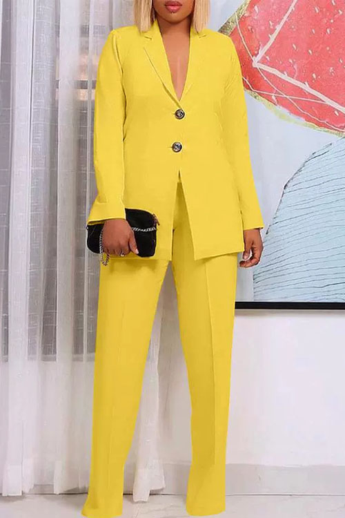 Kathiadress Solid Color Blazer Lapel Button Two-Piece Suit