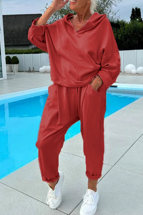 Kathiadress Solid Color Hooded Sweatshirt Two-piece Set