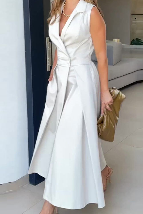 Kathiadress V-Neck Sleeveless Solid Color Lapel Pleated Elegant Long Dress