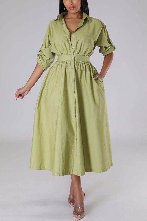Kathiadress Shirt-Style Elastic Waist Loose Long Dress