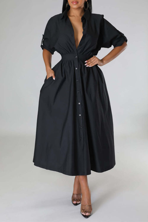Kathiadress Shirt-Style Elastic Waist Loose Long Dress