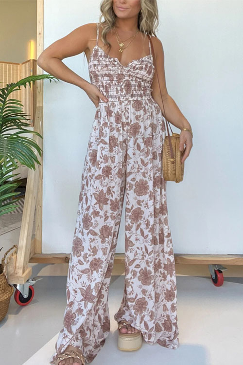 Kathiadress Floral Print Spaghetti Strap Wide Leg Jumpsuit