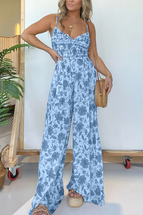 Kathiadress Floral Print Spaghetti Strap Wide Leg Jumpsuit