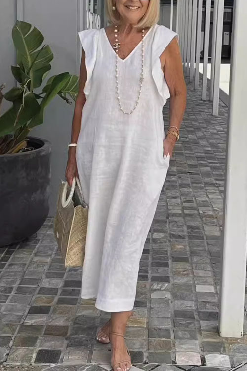 Kathiadress Summer Backless Tie Strap Flare Sleeve Cotton Linen Dress