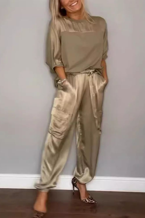 Kathiadress Smooth Satin Short-sleeve Top & Pants Two-piece Set