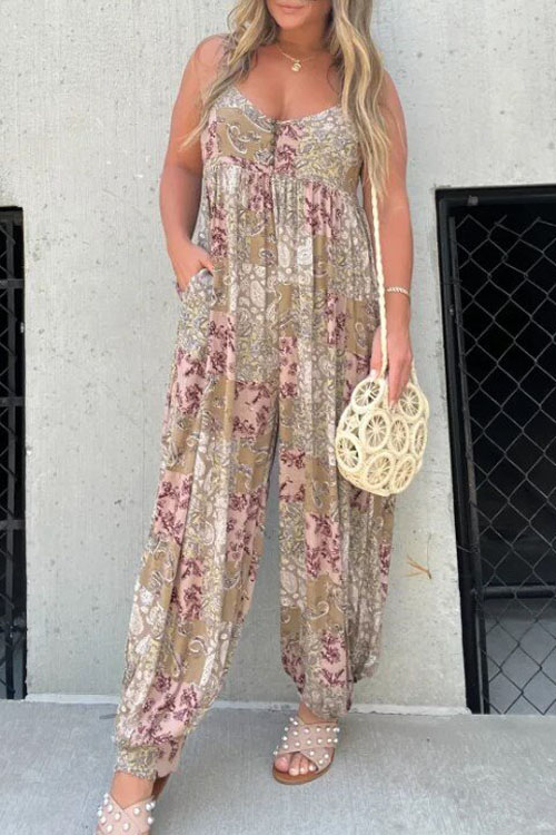 Kathiadress High-waisted Trendy Loose Printed Strap Jumpsuit