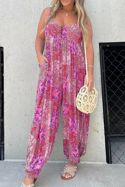 Kathiadress High-waisted Trendy Loose Printed Strap Jumpsuit
