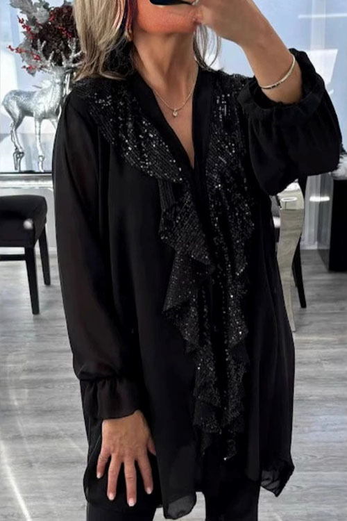 Kathiadress V Neck Chiffon Spliced Sequin Women Shirt