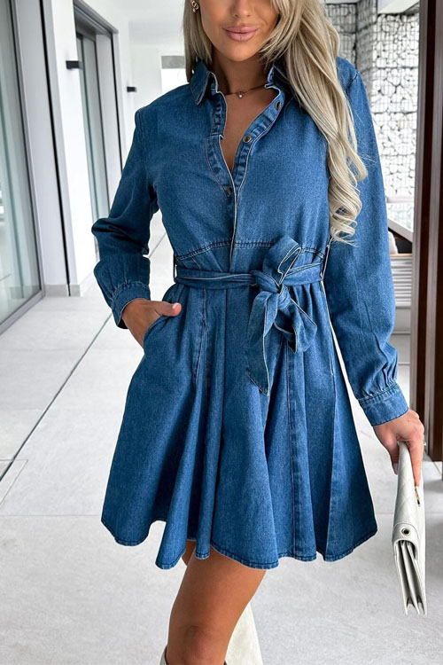 Kathiadress Casual Solid Color Cinched Waist Denim Dress