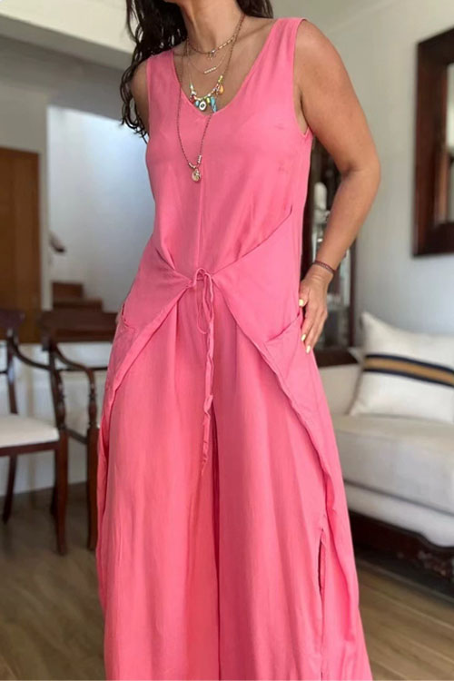 Kathiadress Casual Loose Solid Color Sleeveless Irregular Jumpsuit