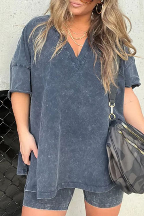 Kathiadress V-neck Denim-inspired Short-sleeve T-shirt & Shorts Casual Two-piece Set