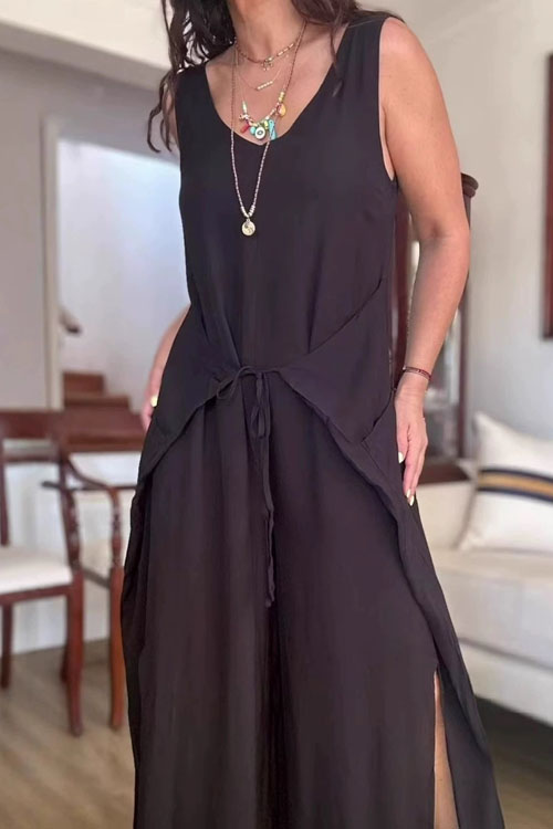 Kathiadress Casual Loose Solid Color Sleeveless Irregular Jumpsuit