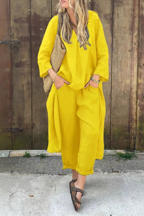 Kathiadress Large Size Cotton Linen Shirt Waist Loose Pants Two-piece Set