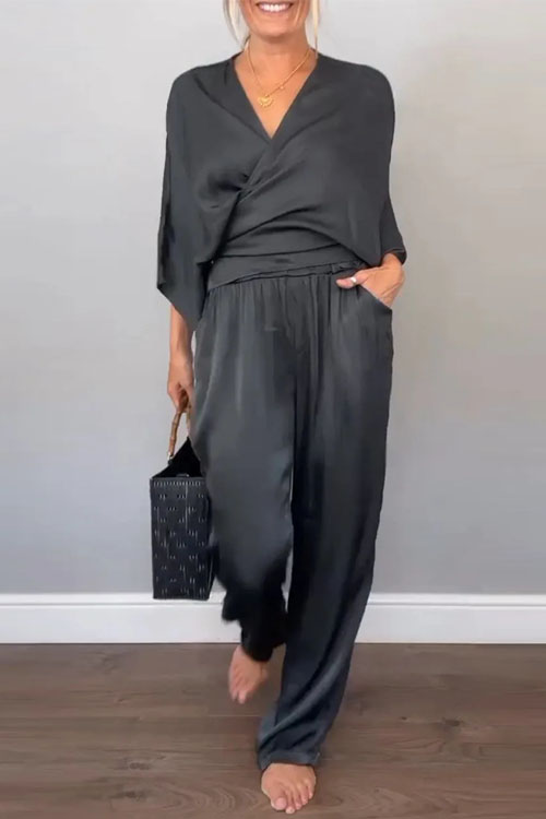 Kathiadress Solid Color Satin Short Sleeve Top and Pants Set