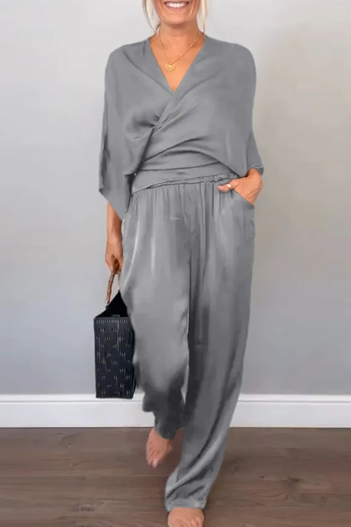 Kathiadress Solid Color Satin Short Sleeve Top and Pants Set