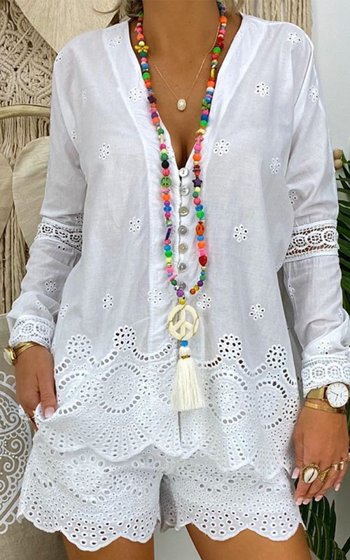 Kathiadress V-neck White Long Sleeve Top & Shorts Set